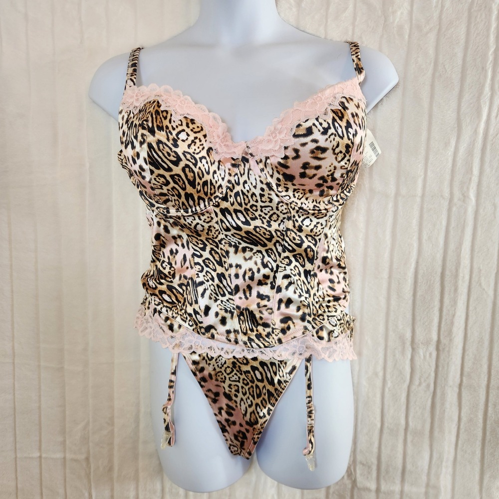 Enchanted Leopard Print Bustier Corset Top & Garter Thong Set Pink‎ Lace 44D NWT